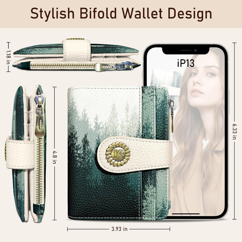 Kelvoris Forest Tree Small Rfid Women Wallet Bifold Zipper Coin Pocket PU Leather Compact Cash Credit Card Holder Travel Wallet for Female Ladies Teen Girls 1 ID Window 10 Card Slots - Image 5